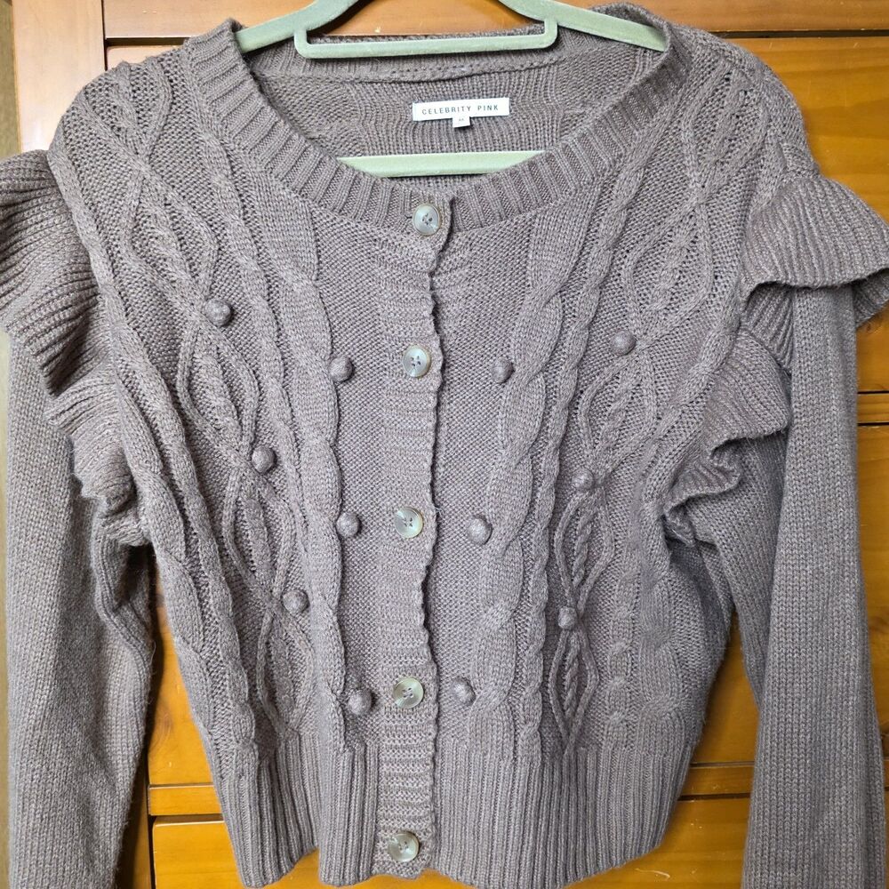 Celebrity Pink Cardigan Sweater Size Medium Brown Ruffle Pom Pom Cable Knit